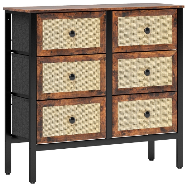 HOMCOM Cómoda para Dormitório Cómoda de Tecido com 6 Gavetas Dobráveis com Frentes de Vime 88x30x83 cm Marrom Rústico