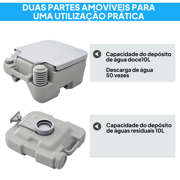 HOMCOM Sanita Portátil WC Portátil com 2 Depósitos de 10L Suporta até 200 kg Sanita para Exterior Campismo 36x42x30 cm Cinzento - Image 6