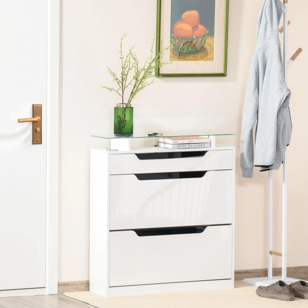 HOMCOM Móvel Sapateira de 2 Portas Sapateira Estreito para 16 Pares de Sapatos com Gaveta Prateleira Aberta e Bancada de Vidro para Corredor Entrada 89x23x96cm Branco - Image 2