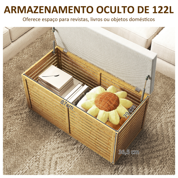 HOMCOM Baú de Arrumação para Dormitório 122L Estofado em Linho Sintético com Almofada Estrutura de Bambu 90x42x43 cm Cinza e Madeira - Image 4