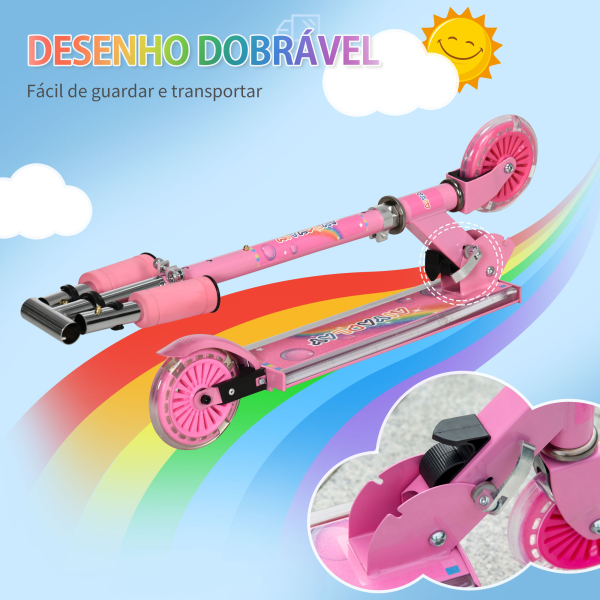 HOMCOM Trotinete para Crianças Dobrável com Luzes e Música 4 Alturas Ajustável Rodas Brilhantes e Pedal LED 67x32x65-78 cm Rosa - Image 6