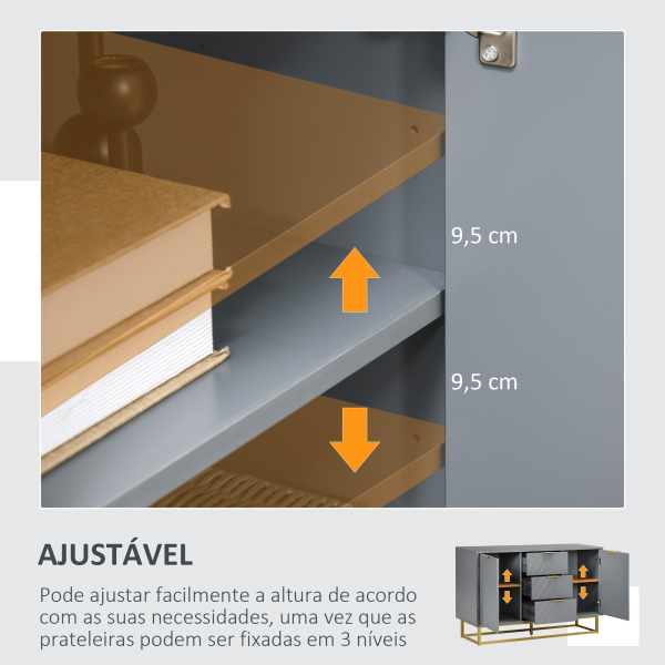 HOMCOM Aparador Auxiliar Armário de Armazenamento com 3 Gavetas e 2 Armários com Prateleira Ajustável 120x40x76 cm Cinza - Image 7