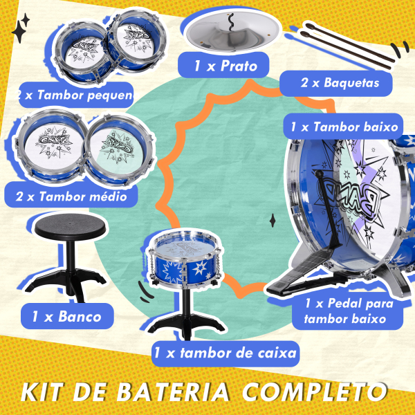 AIYAPLAY Bateria Infantil com Banco Bateria para Crianças acima de 3 Anos com Pedal e Baqueta Desenho de Estrelas 65x22x57 cm Azul - Image 5