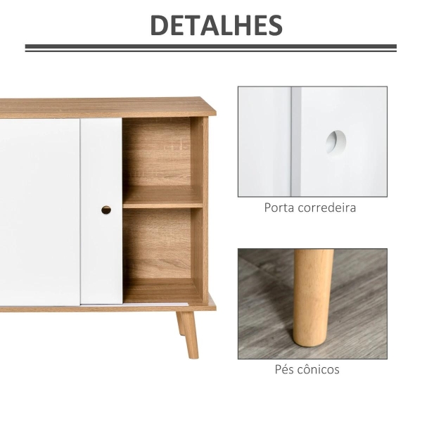 HOMCOM Móvel Aparador tipo Buffet para Sala de Jantar Cozinha com 2 Portas Corredeiras Prateleiras Interior Ajustáveis e Pés de Madeira 130x40x74,5cm Natural e Branco - Image 7