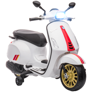 AIYAPLAY Moto Elétrica para Crianças de 3-6 Anos com Licença Vespa com USB MP3 Luz LED Rádio FM Velocidade 3 km/h Carga 35 kg Branco