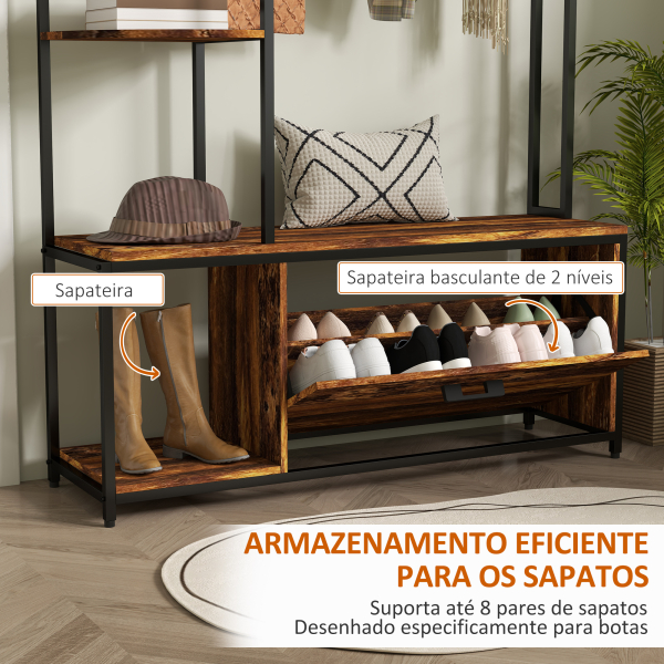 HOMCOM Móvel Cabide de Entrada com Sapateira Móvel de Entrada com Banco Prateleiras e Ganchos  120x35x180 cm Marrom Escuro - Image 6