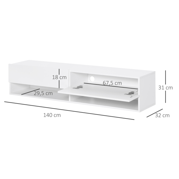 HOMCOM Móvel de TV de Parede com 2 Compartimentos e 2 Armários com  para Televisores de 60 Polegadas 140x32x31 cm Branco - Image 3