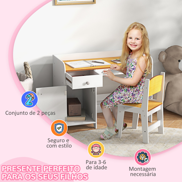 ZONEKIZ Conjunto de Secretária e Cadeira para Crianças Conjunto Infantil de 2 Peças com Gaveta e Armário para Quarto Branco e Natural - Image 6