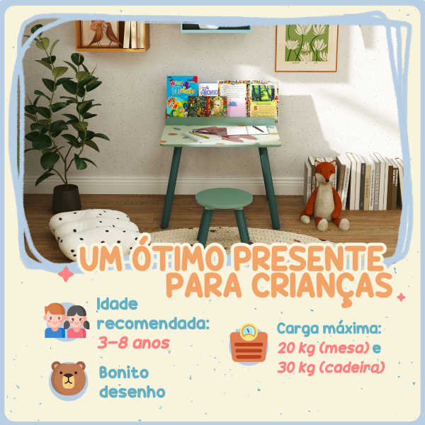 AIYAPLAY Mesa e Cadeira para Crianças com Prateleira para Livros Secretária para Crianças acima de 3 Anos Verde - Image 7