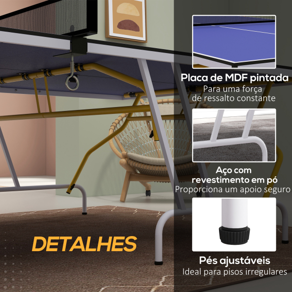SPORTNOW Mesa de Ping-Pong Dobrável com Rede Apoio para os Pés Ajustáveis e Estrutura de Aço para Interior e Exterior 274x152,5x76 cm Azul - Image 6