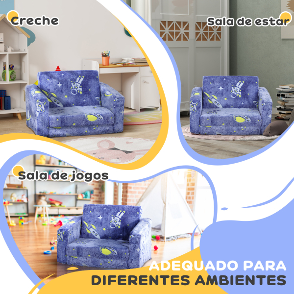 AIYAPLAY Poltrona para Crianças Dobrável e Reclinável Sofá para Crianças Estofado em Tecido Luminoso com Desenho Espacial Azul - Image 6