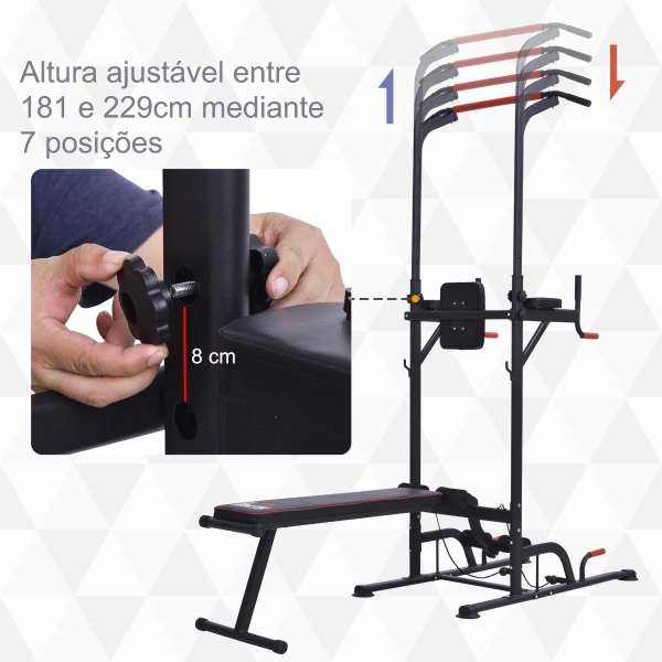 HOMCOM Estação de Musculação Multifuncional Torre de Treinamento com Altura Ajustável com Banco Dobrável Barra de Elevação para Fitness 220x98x181-229cm Preto - Image 5
