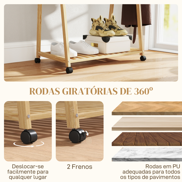 HOMCOM Charriot de Bambu para Roupa Charriot para Roupa com Rodas 2 Prateleiras Abertas e 2 Ganchos 84,5x43,5x158 cm Madeira - Image 5