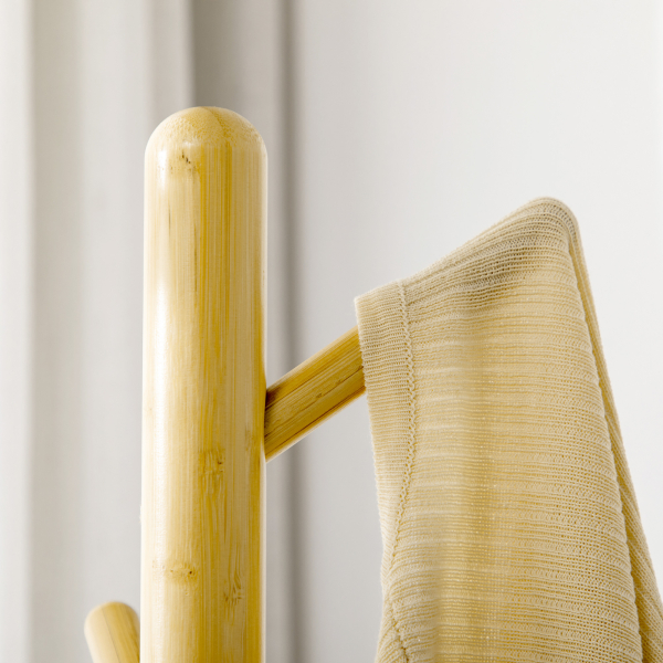 HOMCOM Cabide de Pé de Bambu Moderno com 8 Ganchos para Roupas Bolsas Ø37,8x175,6 cm Madeira e Branco - Image 9