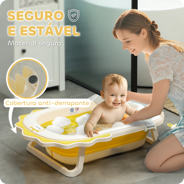 AIYAPLAY Banheira Dobrável para Bebés com Almofada e Cubo Antiderrapantes Orifício de Drenagem e Orifício para o Duche 80,5x55x20 cm Amarelo - Image 6