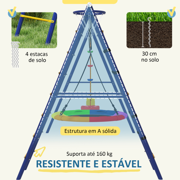 AIYAPLAY Baloiços para Crianças 6 em 1 com Baloiço Ninho Corda com Disco Rede para Escalar Escada e Aro de Basquetebol 350x183x200 cm Multicor - Image 6