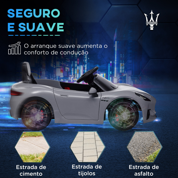 AIYAPLAY Carro Elétrico para Crianças Maserati Gran Turismo Folgore 12V Controlo Remoto Faróis Buzina e Música MP3 98x59x43 cm Cinza - Image 6
