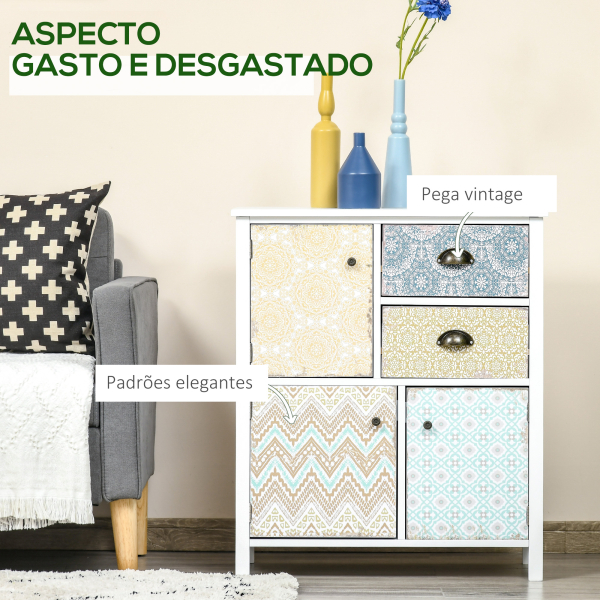 HOMCOM Cómoda Estilo Boémio Cómoda para Dormitório com 2 Gavetas e 3 Compartimentos Desenho Anti-Tombo 68x34x80 cm Multicor - Image 5