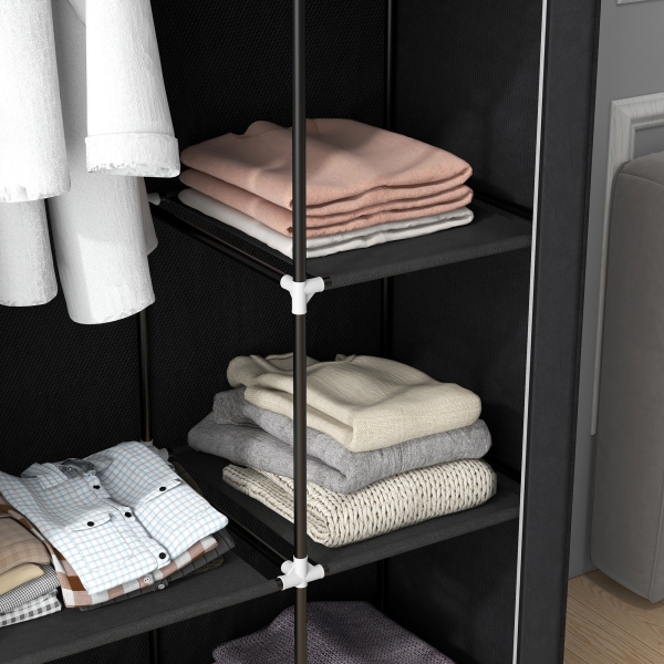 HOMCOM Roupeiro de Tecido Dobrável com 6 Prateleiras e 1 Barra de Pendurar para Dormitório Vestidor 103x43x162,5 cm Preto - Image 8