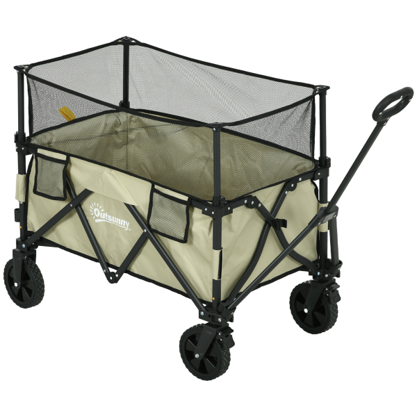 Outsunny Carrinho de Transporte Dobrável 180 L com Guiador Ajustável e Laterais Extensíveis Carga 120 kg para Jardim Praia Cáqui