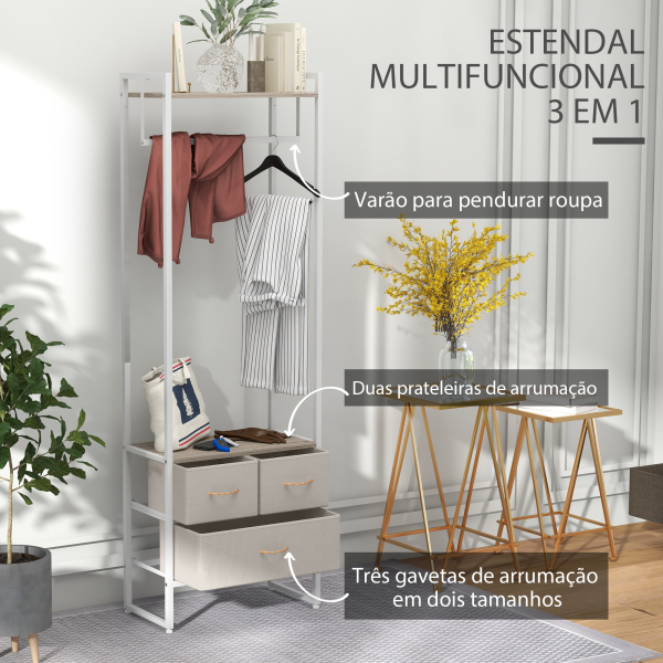 HOMCOM Suporte para Cabides com 3 Gavetas de Tecido Barra para Pendurar e Prateleira para Entrada Quarto 58,5x30x178 cm Natural - Image 4