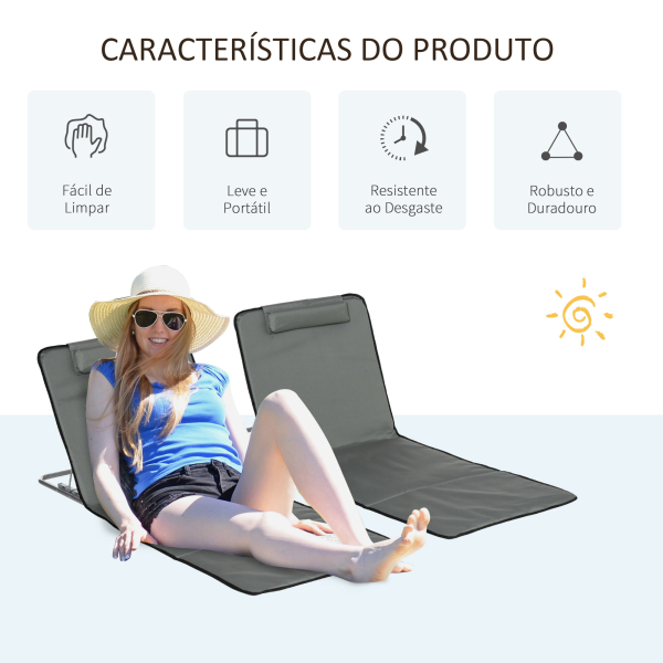 Outsunny Conjunto de 2 Esteiras de Praia Dobráveis 124x53x50cm com Encosto Ajustável e Apoio para a Cabeça Esteira de Praia Tecido Oxford Aço com Bolsa de Transporte Cinza - Image 6