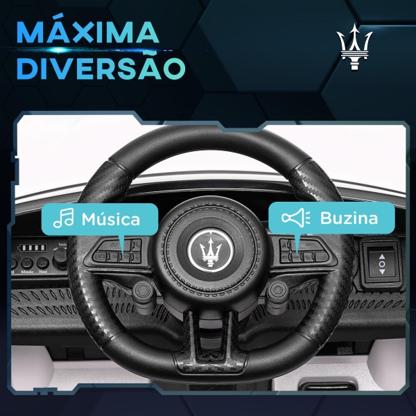 AIYAPLAY Carro Elétrico para Crianças Maserati Gran Turismo Folgore 12V Controlo Remoto Faróis Buzina e Música MP3 98x59x43 cm Branco - Image 7