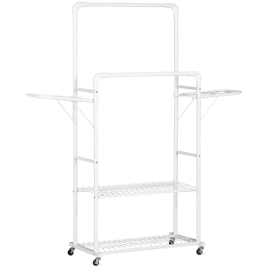 HOMCOM Charriot de Roupa com Rodas com 2 Laterais Dobáveis 2 Trilhos e 2 Prateleiras de Armazenamento 153x43,7x171 cm Branco