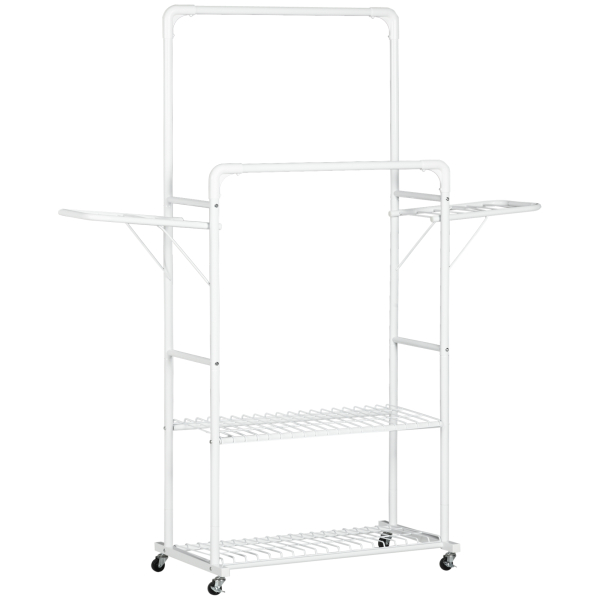 HOMCOM Charriot de Roupa com Rodas com 2 Laterais Dobáveis 2 Trilhos e 2 Prateleiras de Armazenamento 153x43,7x171 cm Branco