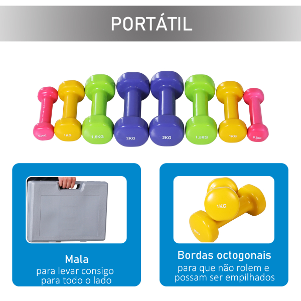 HOMCOM Jogo de 8 Halteres Hexagonais 4 Pares 2kg 1,5kg 1kg 0,5kg com Revestimento Pesos para Exercícios em Casa Academia Aço Multicolor - Image 6