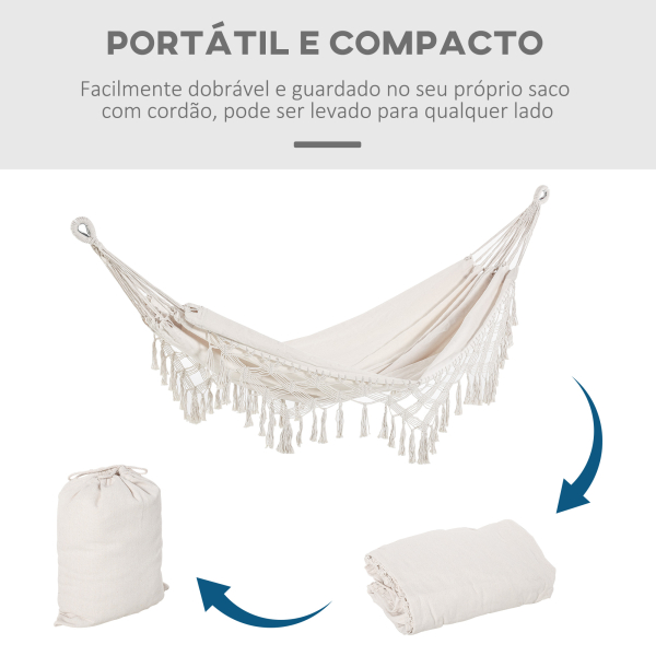 Outsunny Cama de Rede Suspensa 288x150 cm de Algodão com Bolsa de Transporte Capacidade 180 kg para Pátio Terraço Campismo Creme - Image 5