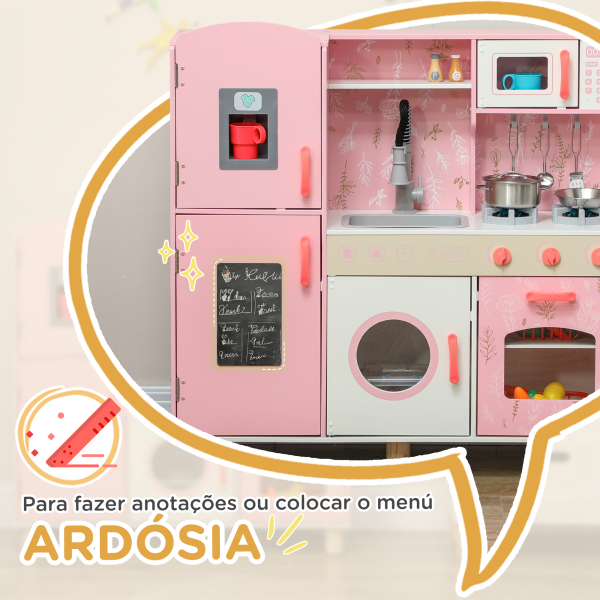 AIYAPLAY Cozinha de Madeira para Crianças com Sons Fogão Forno Micro-Ondas Máquina de Gelo e Acessórios 90x33,3x91,6 cm Rosa - Image 5