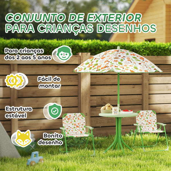 AIYAPLAY Conjunto de Mesa e Cadeiras para Crianças de Jardim com Cadeiras Dobráveis Chapéu de Sol Ajustável e Desenho de Raposas Verde - Image 7