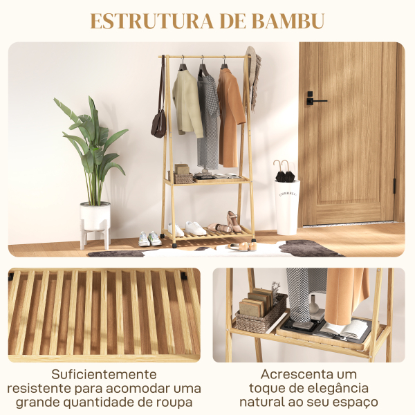 HOMCOM Charriot de Bambu para Roupa Charriot para Roupa com Rodas 2 Prateleiras Abertas e 2 Ganchos 84,5x43,5x158 cm Madeira - Image 6