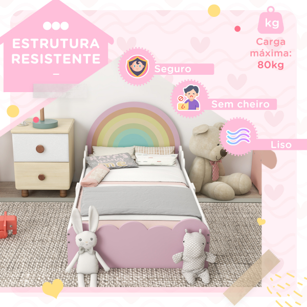 ZONEKIZ Cama para Crianças de 3-6 Anos 143x74x66 cm Cama Infantil de Madeira em Forma de Arco Íris Rosa - Image 6