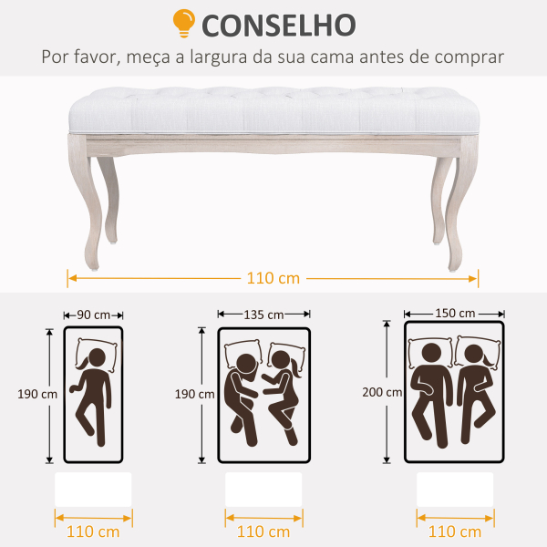 HOMCOM Banco Pé de Cama com Pés de Madeira e Assento Acolchoado para Dormitório Entrada Corredor 110x37x49 cm Creme - Image 7