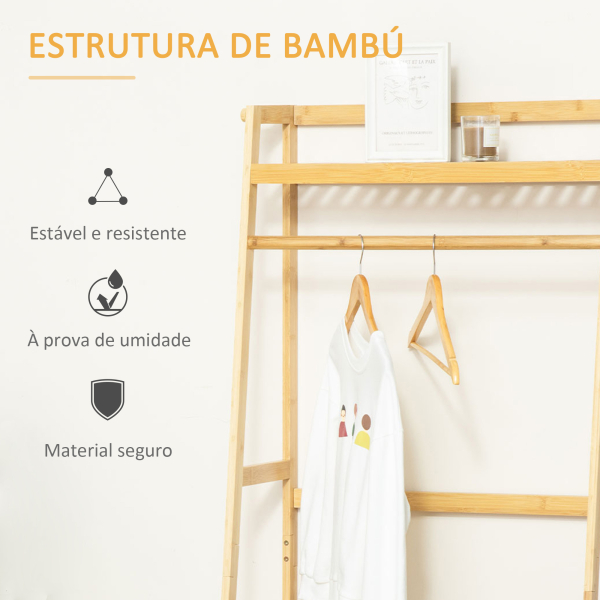 HOMCOM Suporte para Cabides de Bambu Cabideiro com Prateleira de 3 Níveis com Barra e Cabide Lateral 70x42x164cm Madeira - Image 5
