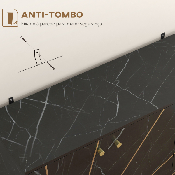 HOMCOM Aparador de Sala de Estar com 2 Armários e Prateleira Interior Ajustável com Efeito Mármore 107x35x75 cm Preto e Dourado - Image 7