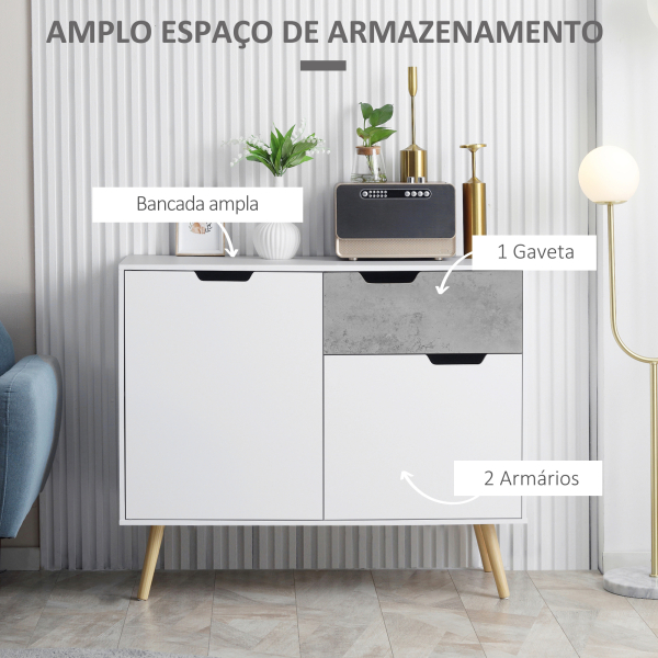 HOMCOM Aparador de Sala de Estar com 2 Portas e 1 Gaveta Aparador para Escritório Estúdio Dormitório 98x39x81,5cm Branco Cinza - Image 5