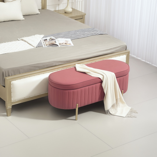 HOMCOM Banco Pé de Cama Estofado em Veludo Banco de Arrumação e Pés Dourado Banco para Entrada Dormitório 108x44x43,5 cm Rosa - Image 2