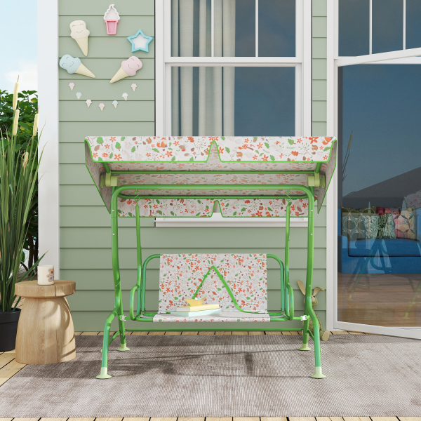 AIYAPLAY Baloiço de Jardim para Crianças com 2 Lugares Toldo Ajustável Cinto de Segurança e Desenho de Borboletas 112x75x120 cm Verde - Image 8