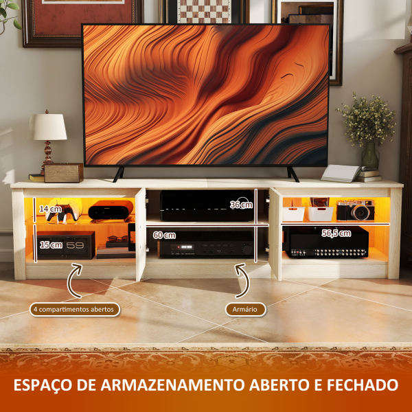 HOMCOM Móvel de TV Moderno com Luzes RGB 2 Orifícios para Cabos para Televisores de até 75 Polegadas 180x35x45 cm Madeira - Image 7