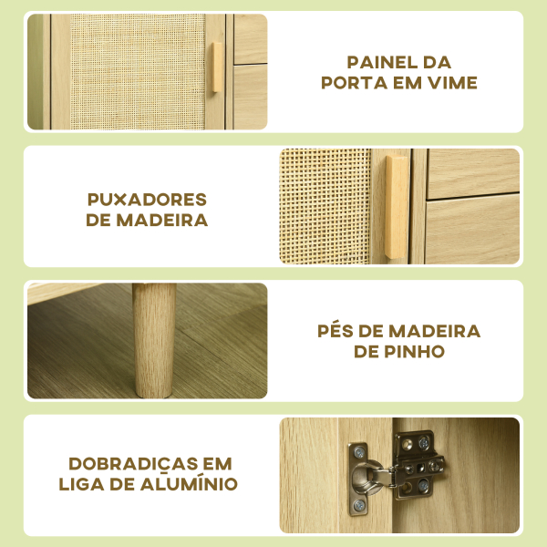 HOMCOM Aparador Sala de Estar Estilo Cannage com Porta de Vime 4 Gavetas e Pés de Madeira de Pinho 80x38x80,5 cm Madeira - Image 6