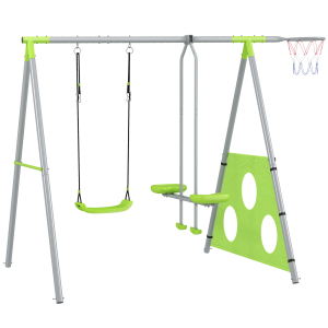 AIYAPLAY Baloiços para Crianças 4 em 1 Baloiços Jardim Exterior com Baloiço Planador Baliza de Futbol e Aro de Basquetebol Verde