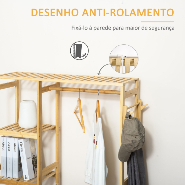 HOMCOM Suporte para Cabides de Bambu Cabideiro com Prateleiras de 4 Níveis com Barra Prateleira Inferior e Cabide Lateral 90x30x155cm Madeira - Image 7