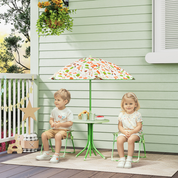 AIYAPLAY Conjunto de Mesa e Cadeiras para Crianças de Jardim com Cadeiras Dobráveis Chapéu de Sol Ajustável e Desenho de Raposas Verde - Image 2