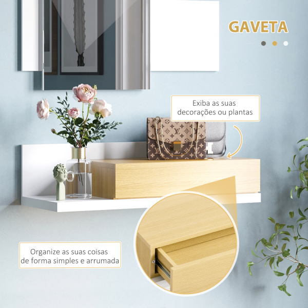 HOMCOM Conjunto de Móveis de Entrada com Espelho e Gaveta Estilo Moderno 75x4x70cm e 75x29x20cm Branco e Madeira - Image 6