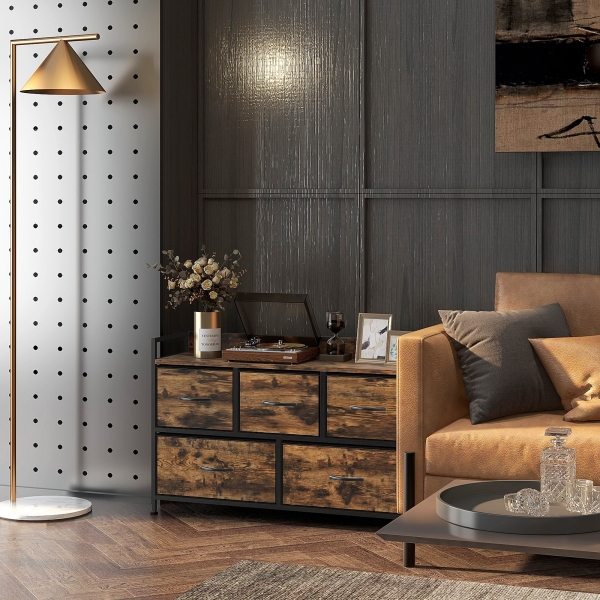 HOMCOM Cómoda com 5 Gavetas de Tecido Cómoda de Estilo Industrial com Estrutura Metálica para Quarto 98x29x63 cm Castanho Rústico - Image 9