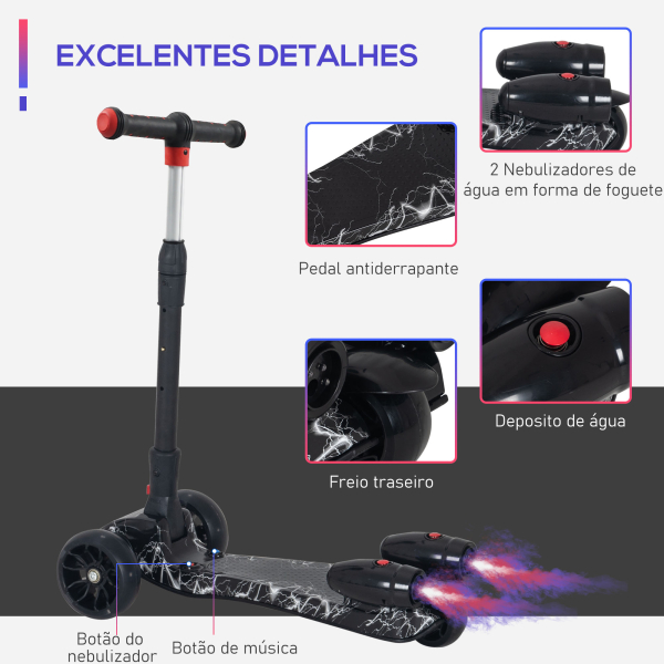HOMCOM Trotinete ajustável em altura de 4 níveis dobrável com luzes musica Nevoeiro de água para crianças acima de 3 anos 61x26x63-81 cm Preto - Image 7