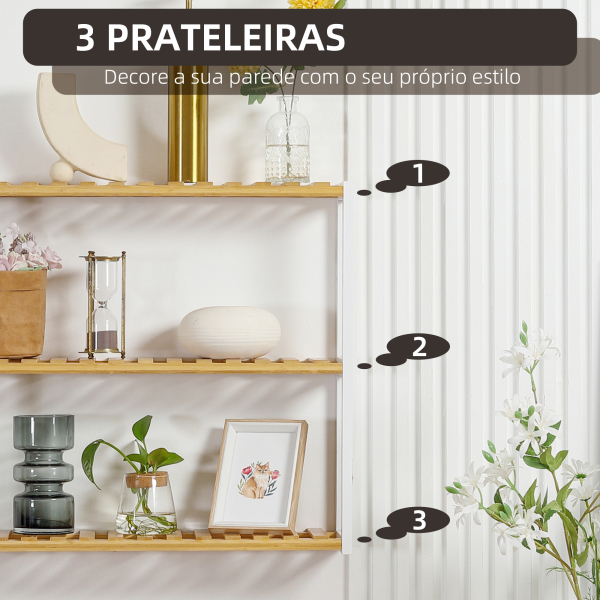 HOMCOM Estante de Parede de Bambu de 3 Níveis Estante Suspensa para Sala de Estar Dormitório Cozinha 60x15x54cm Madeira e Branco - Image 5